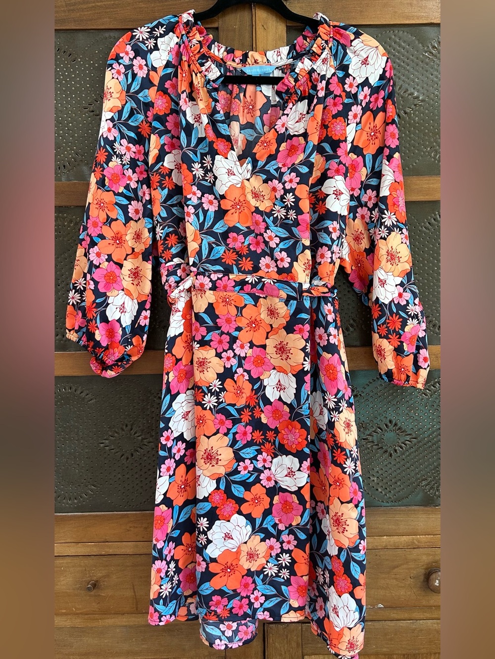 Draper James Floral Adjustable Waist Midi Dress with Orange, Pink & White Blooms
